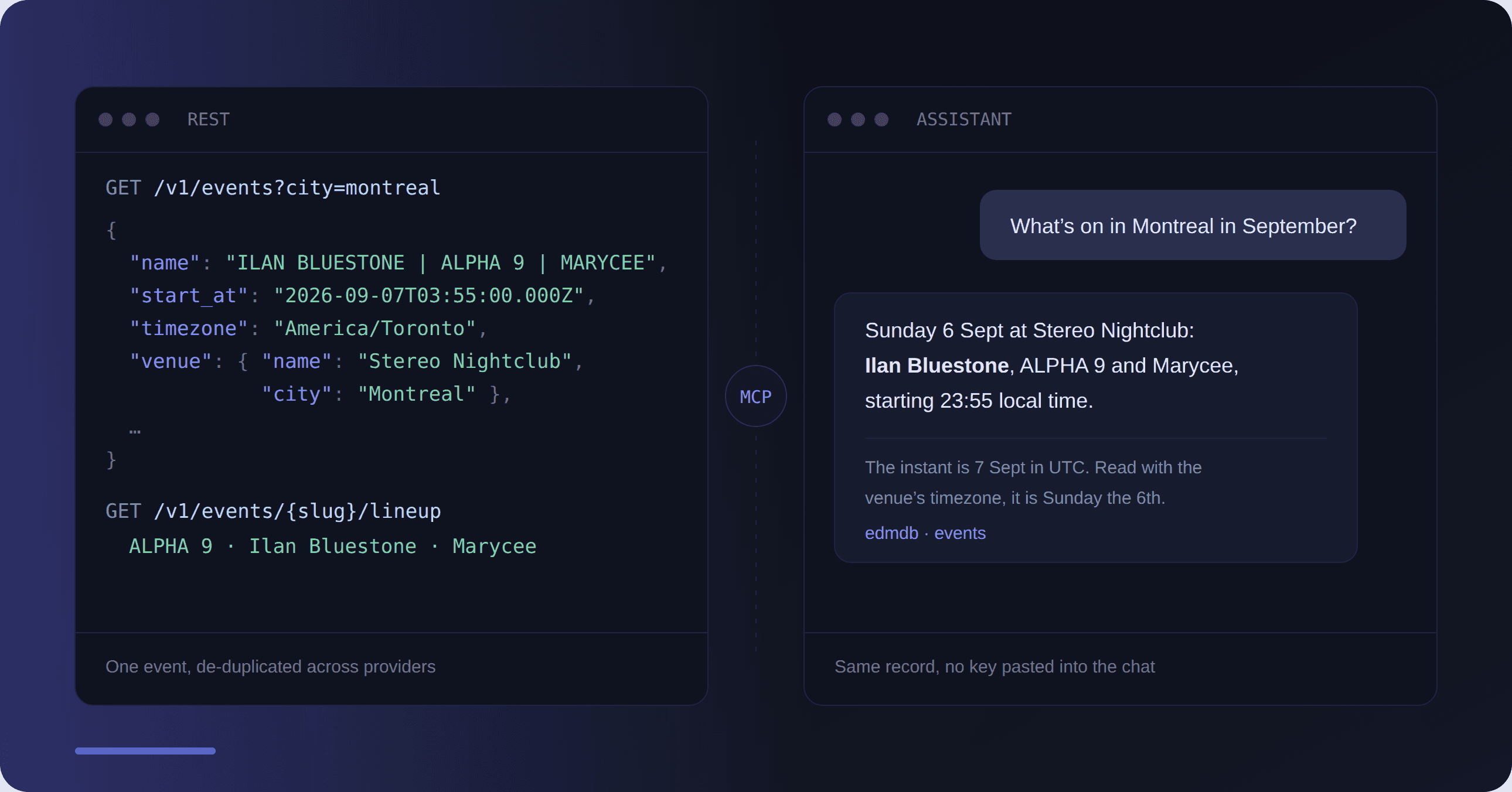 The same EDMDb event returned as JSON from the REST API and as a plain-language answer inside an AI assistant