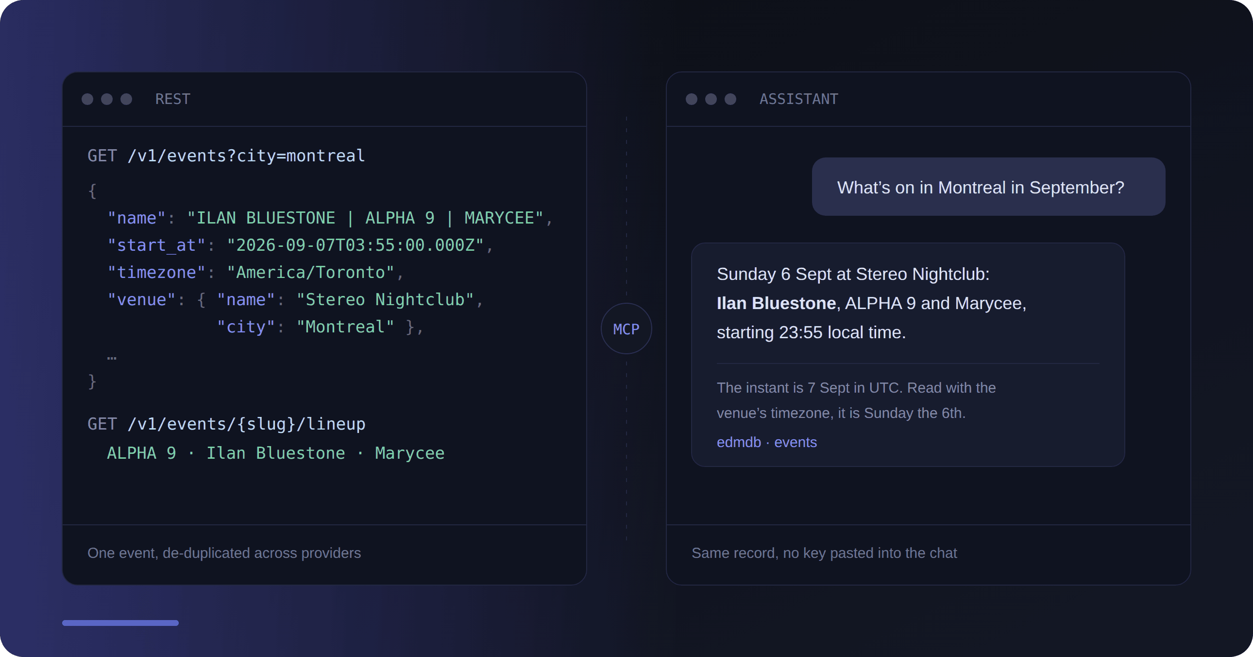 The same EDMDb event returned as JSON from the REST API and as a plain-language answer inside an AI assistant