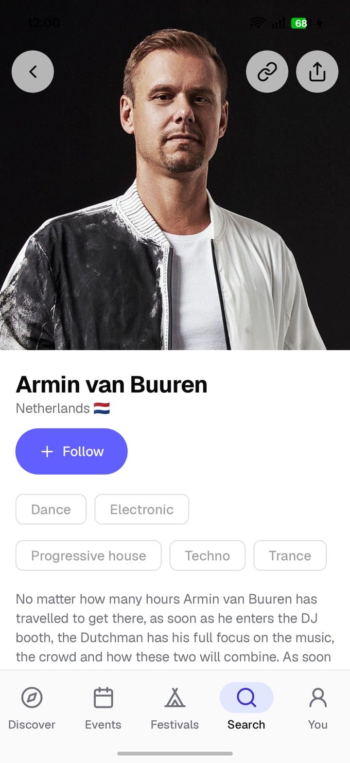 Artist screen for Armin van Buuren: Follow, genres and biography