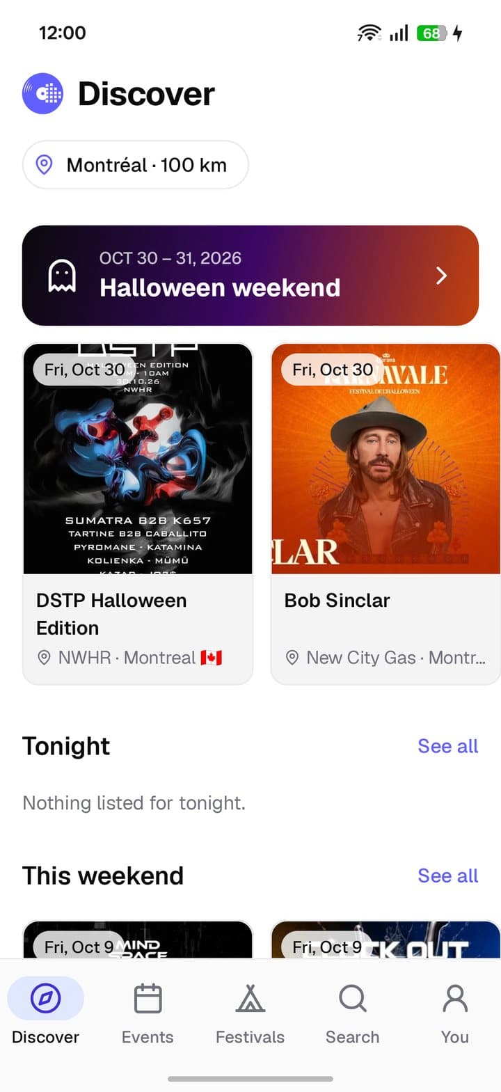 Discover screen: Halloween weekend banner and events near Montréal