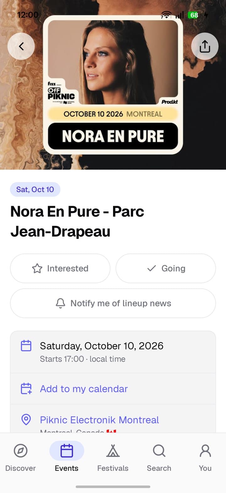 Event screen for Nora En Pure at Parc Jean-Drapeau with Interested, Going and lineup alerts