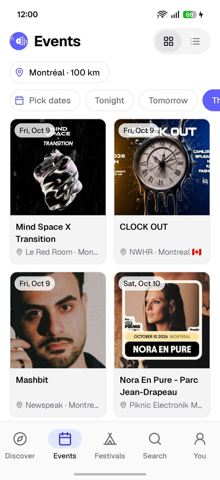 Events screen: a grid of club nights in Montréal with date filters