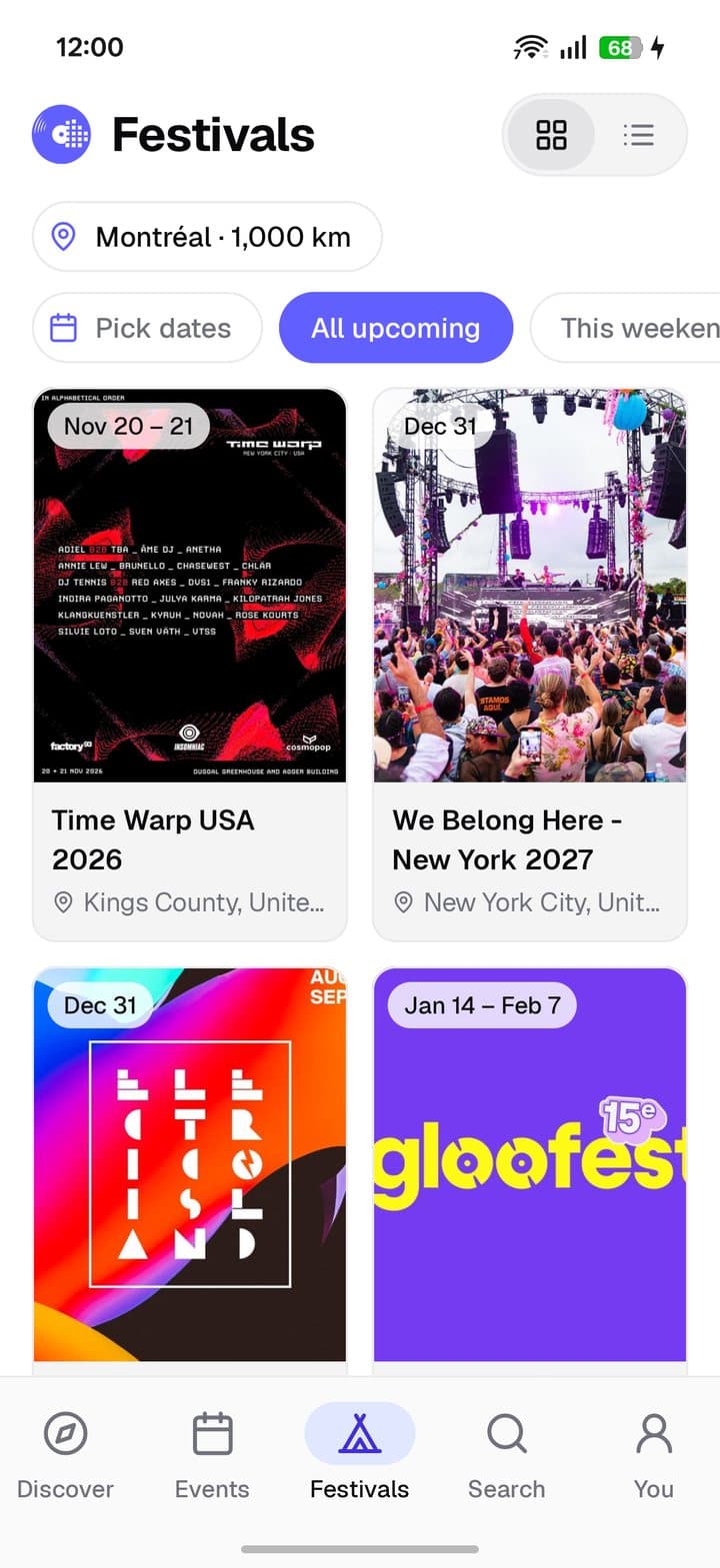 Festivals screen: upcoming festivals within 1,000 km