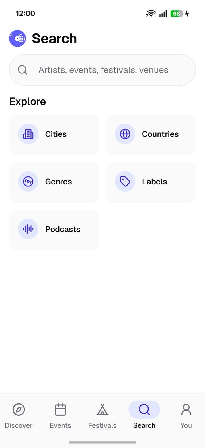 Search screen with shortcuts to cities, countries, genres, labels and podcasts