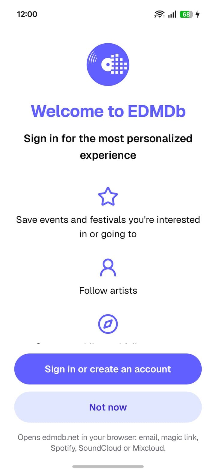 Welcome screen: sign in or create an account, or browse first
