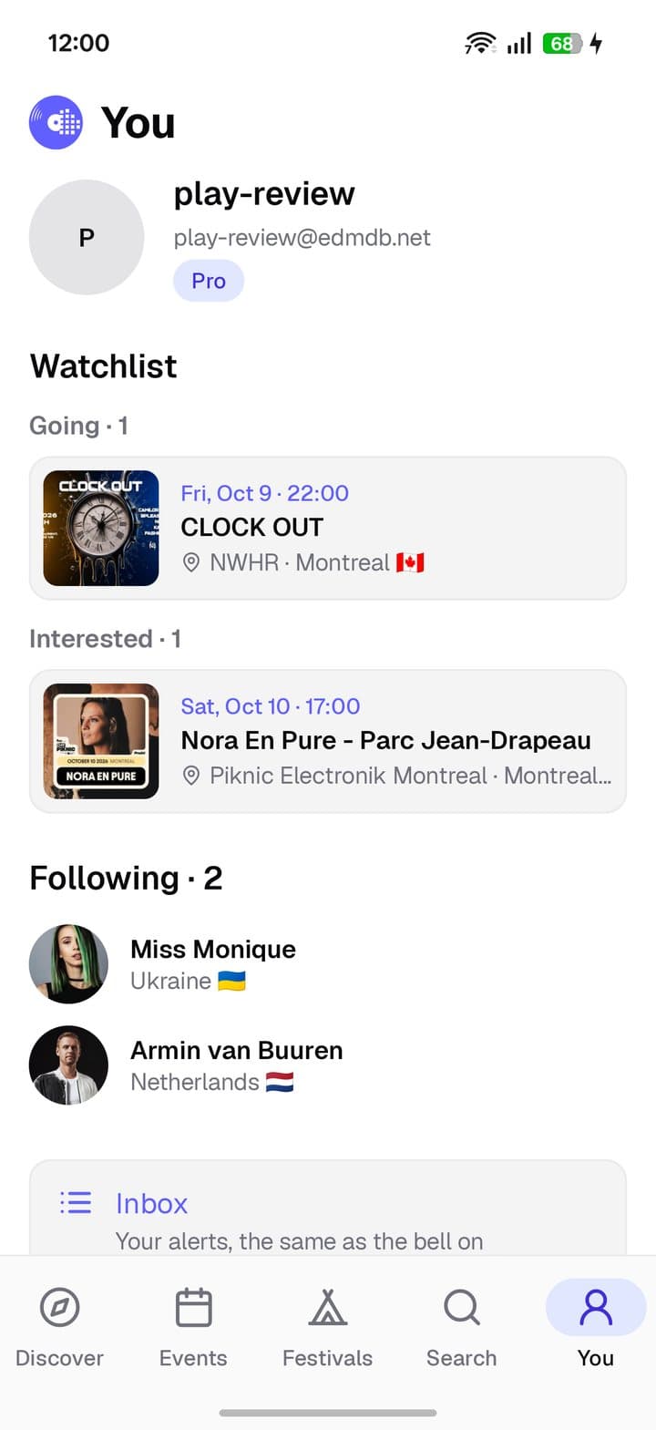You screen: watchlist of events marked Going and Interested, and the artists you follow