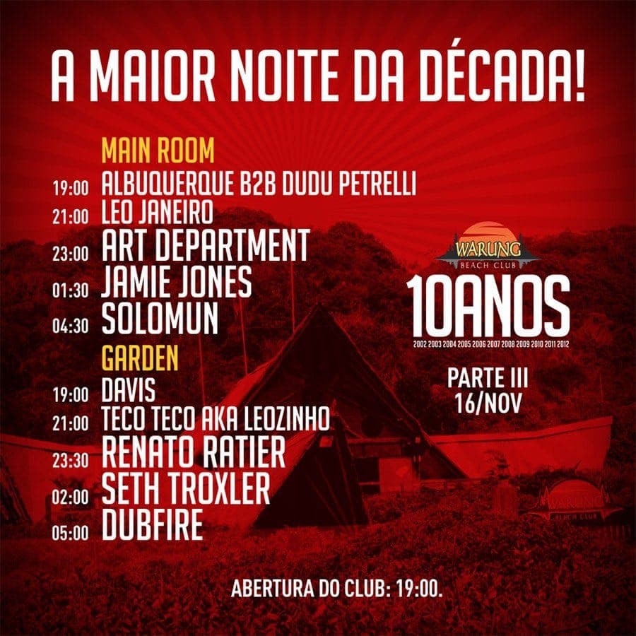 Warung 10 Years Celebration with Solomun, Jamie Jones, Art Department + Dubfire, Seth Troxler